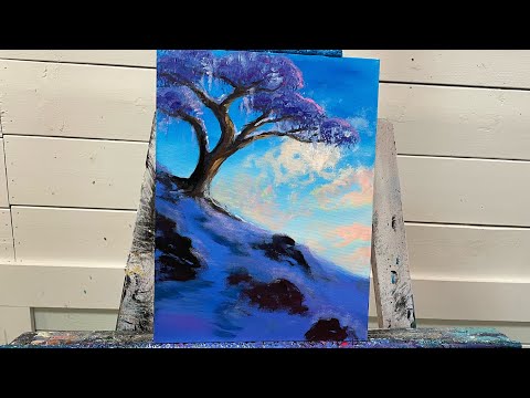 Видео: ЗИМНЕЕ ДЕРЕВО НА ХОЛМЕ | Урок по акриловой живописи
