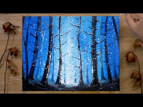 Видео: Снежный лес на рассвете - Техника росписи акрилом № 496
