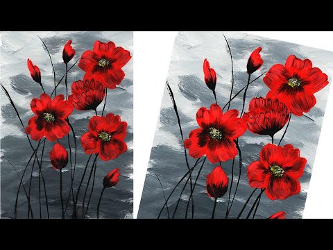 Видео: Интерьерная картина, красные цветы. Рисуем цветы легко. Правополушарное рисование. Цветы в интерьере