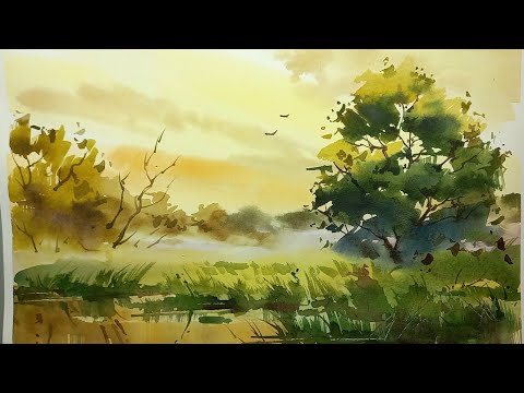 Видео: Акварельный рассвет, красивый пейзаж за один мастер-класс