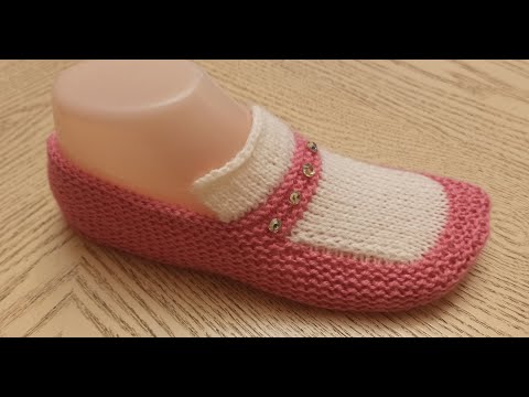 Видео: Простые , удобные тапочки-следки на двух спицах № 45.
