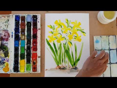 Видео: Как да нарисуваме Нарциси с акварел с пръсти