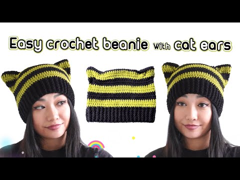 Видео: Простая вязаная крючком шапочка с кошачьими ушками