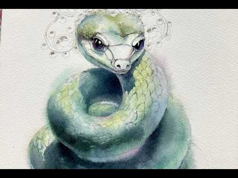 Видео: Новогодняя открытка «Змейка снегурочка»  Часть 1 / Акварель