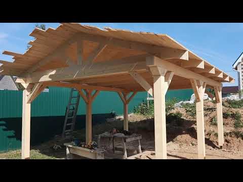Видео: Строительство навеса, беседки 5м на 4м (день 7): декорируем крепёжные элементы.