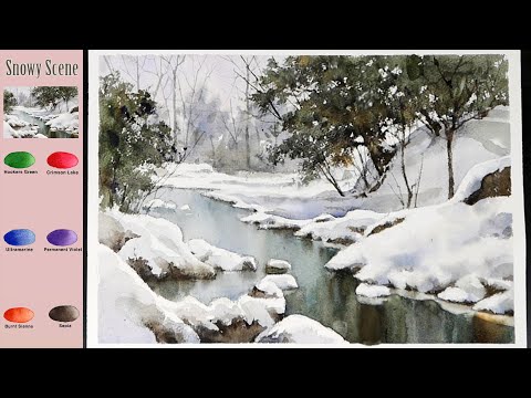 Видео: Зима  Пейзаж Акварель -  Снежная сцена  (просмотр смешения цветов)