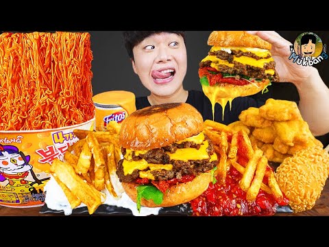 Видео: ASMR MUKBANG | гамбургер, Сырная палочка, Огненная лапша, хотдог рецепт блюда принимать пищу