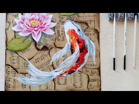 Видео: РЫБКА КОИ/МАСТЕР КЛАСС ЖИВОПИСИ АКРИЛОМ НА ГАЗЕТЕ/Acrylmalerei /acrylic painting on newspaper /