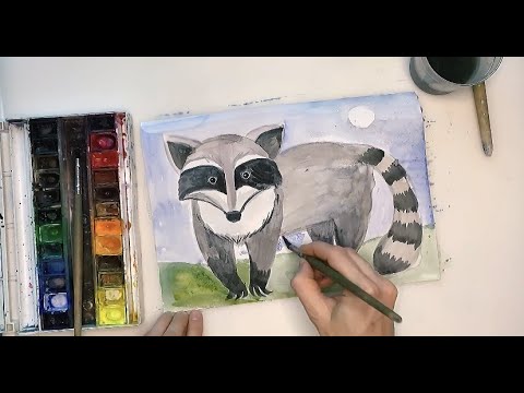 Видео: Как нарисовать енота. Рисуем енота красками. Урок рисования для детей. Drawing raccoon with kids.