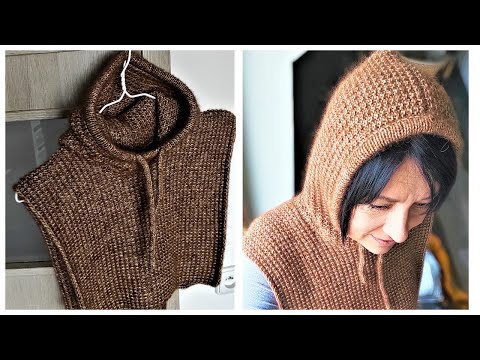 Видео: МАНИШКА-КАПЮШОН СПИЦАМИ.СТИЛЬНЫЙ  ГОЛОВНОЙ УБОР. капюшон-капор спицами. вязаная мода стильные идеи