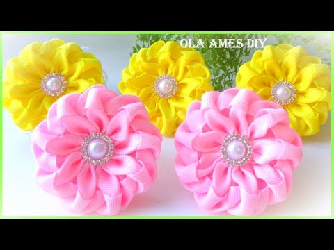 Видео: Канзаши/Цветы из репсовой ленты/Kanzashi Grosgrain Ribbon Flower Tutorial/Flor de Fitas/Ola ameS DIY