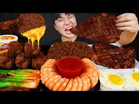 Видео: ASMR MUKBANG | Жареный цыпленок, стейк, лапша с черной фасолью, кимчи Корейская еда
