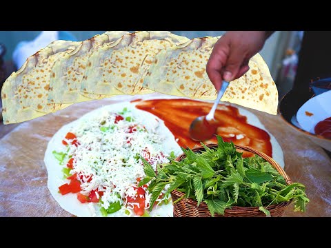 Видео: Мука Вода Крапива! Очень Вкусный Кутаб! Пицца по Форме Кутаб на Садже в Деревни!
