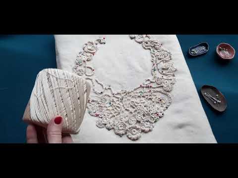 Видео: Ирландское кружево.Соединение элементов иглой. Воротник-колье.