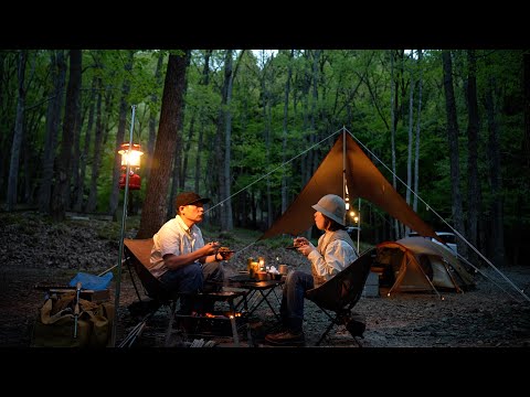 Видео: [Парный кемпинг] Весенний кемпинг/Легкая готовка на костре/Купол для отдыха S/Снежная вершина/ASMR