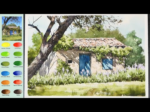 Видео: Пейзаж Акварелью - Дом с деревьями (скорость 2X, просмотр названия цвета)