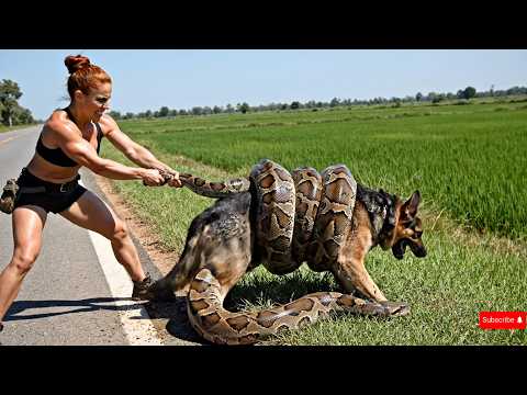 Видео: Отважная женщина спасла немецкую овчарку от гигантского питона