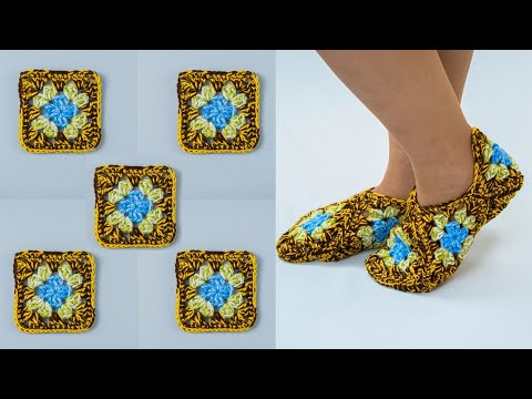 Видео: Тапочки крючком в стиле «бабушкин квадрат» Miarti🧶