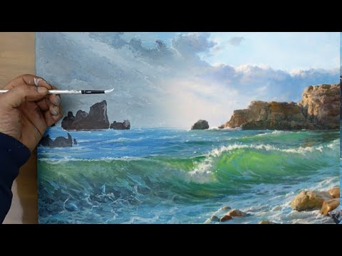 Видео: Великолепный пейзаж с морскими волнами акриловая краска для начинающих
