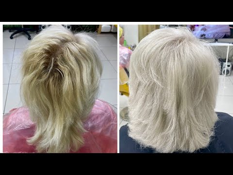 Видео: 10.0 светлый бежевый блонд. Осветление отросших  волос. Из желтого блонда в платиновый оттенок