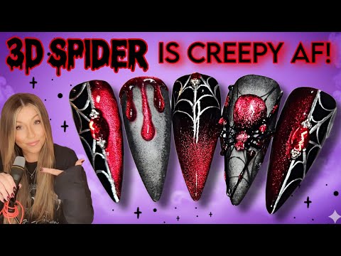 Видео: 🕷 3D-маникюр с пауком на Хэллоуин | Жуткий маникюр | Черно-красный «кошачий глаз» / Хромированная...