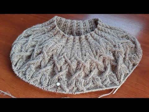 Видео: Джемпер. Круглая кокетка из аранов. Часть 6. Кокетка 31- 40 ряды.