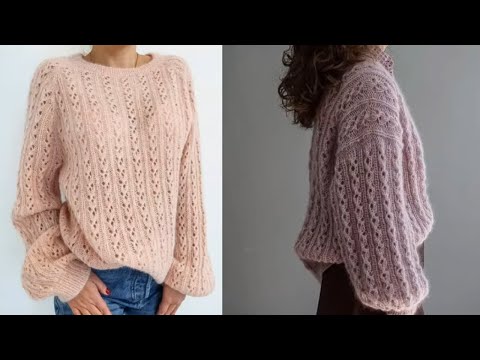 Видео: Модный джемпер ажурным узором из пряжи с мохером.
