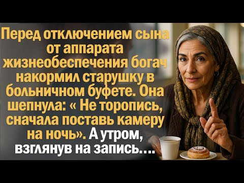 Видео: Перед отключением сына от аппарата жизнеобеспечения богач накормил старушку в больничном буфете.