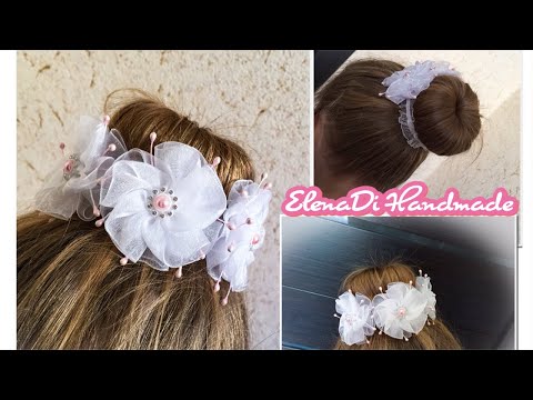 Видео: Резинка на пучок,шишку в  белых и нежно-розовых тонах\Резинка из органзы\Канзаши