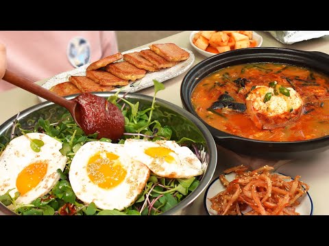Видео: приготовление MUKBANG:) молодой листовой овощ кочуджан пибимпап, мягкий суп с тофу джамппонг.