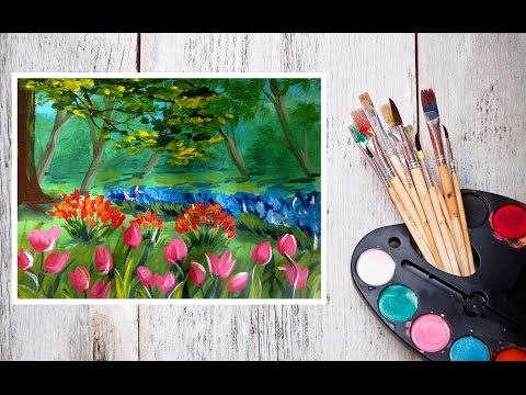 Видео: Видео урок Рисуем Гуашью Пейзаж с тюльпанами! #Dari Art