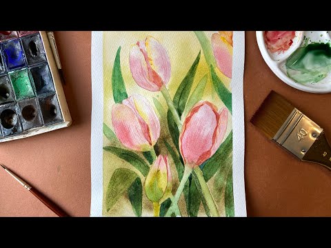 Видео: Как нарисовать тюльпаны на 8 марта. Поэтапно рисуем акварелью