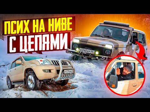 Видео: ПСИХ НА НИВЕ С ЦЕПЯМИ ЗАРУБИЛСЯ С УАЗАМИ,  ДЖИПОМ И ТОЙОТА ПРАДО