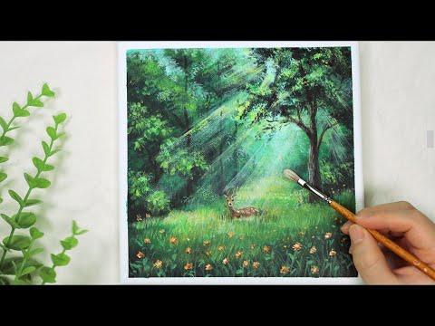 Видео: Олень и лес 🦌 / Простая акриловая живопись для начинающих 🎨 / Учебник по рисованию