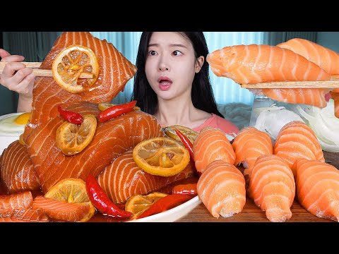 Видео: ASMR MUKBANG | Желеобразный лосось, маринованный в соевом соусе & гигантское лососевое суши 🧡