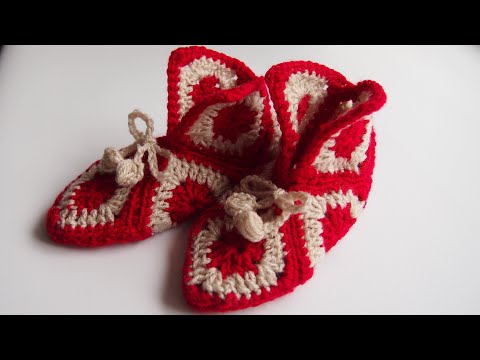 Видео: Тапочки из квадратов. Как связать сапожки крючком. Схемы  Урок 289   Slippers from crochet motifs