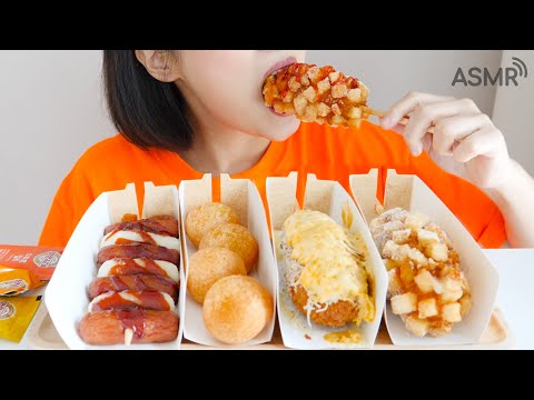 Видео: Myungrang Corn Dogs Сырные шарики Огненная колбаса и рисовый пирог Шашлык ASMR eaingsings