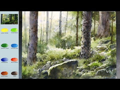 Видео: Без эскиза  Пейзаж Акварелью -  Глубокий лес  (просмотр названия цвета)
