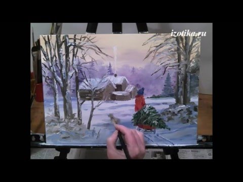 Видео: Елка к празднику. Зимний пейзаж маслом