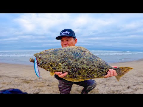 Видео: Легальный палтус за легальным палтусом!! [Рыбалка с прибоя в Южной Калифорнии LUCKY CRAFT]