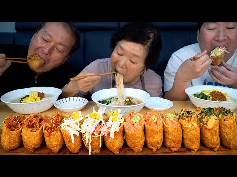 Видео: Большие жареные рисовые шарики из тофу и лапша - кулинарное шоу Мукбанг.
