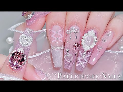 Видео: sub) Balletcore Nails🎀/🇰🇷Корейский маникюр / Ногти со светоотражающим блеском / нейл-арт / ASMR