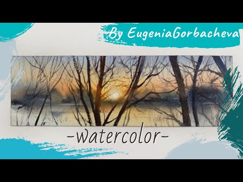 Видео: Как нарисовать пейзаж с закатом | Короткий урок с пояснениями | Акварельная картина Закат на Пехорке