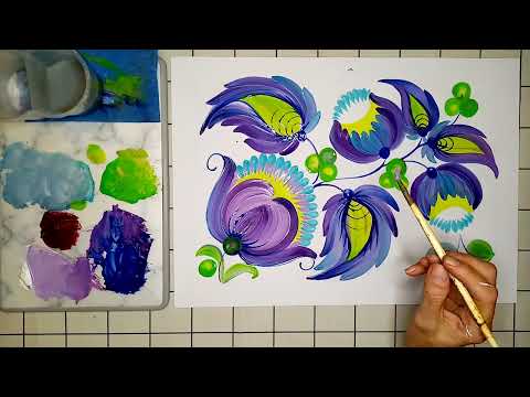 Видео: Роспись, гуашь, "Веточка с зелеными ягодами"