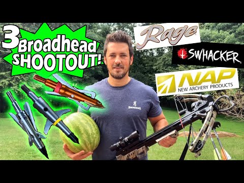 Видео: Тестирование механических наконечников Rage, NAP и Swhacker в перестрелке с арбузами из арбалета