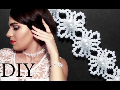 Видео: DIY: Wedding "Lace" beaded choker (necklace) with pearls / Свадебный чокер "Кружево" из бисера