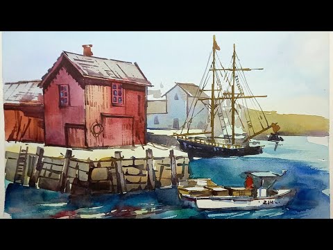 Видео: Рокпорт, каменный причал. Перспектива и построение в акварели, живой мастер-класс