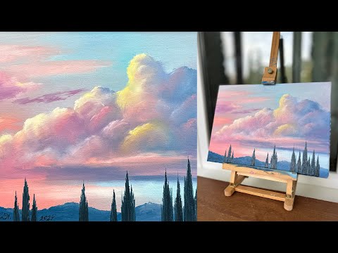 Видео: ОБЛАКА НА ЗАКАТЕ МАСЛОМ | Как нарисовать закат с облаками | OIL PAINTING TIME LAPSE