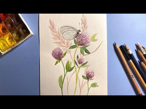 Видео: Бабочка сидит на клевере. Рисуем акварельными карандашами и акварелью