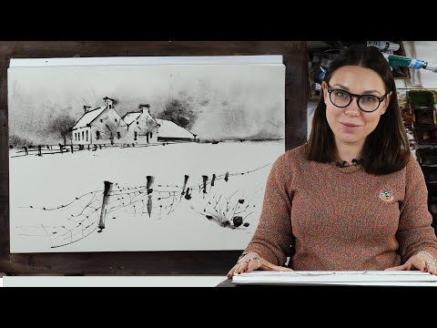Видео: Экспресс-урок по акварельному скетчингу «Зима» | Как нарисовать зимний пейзаж поэтапно